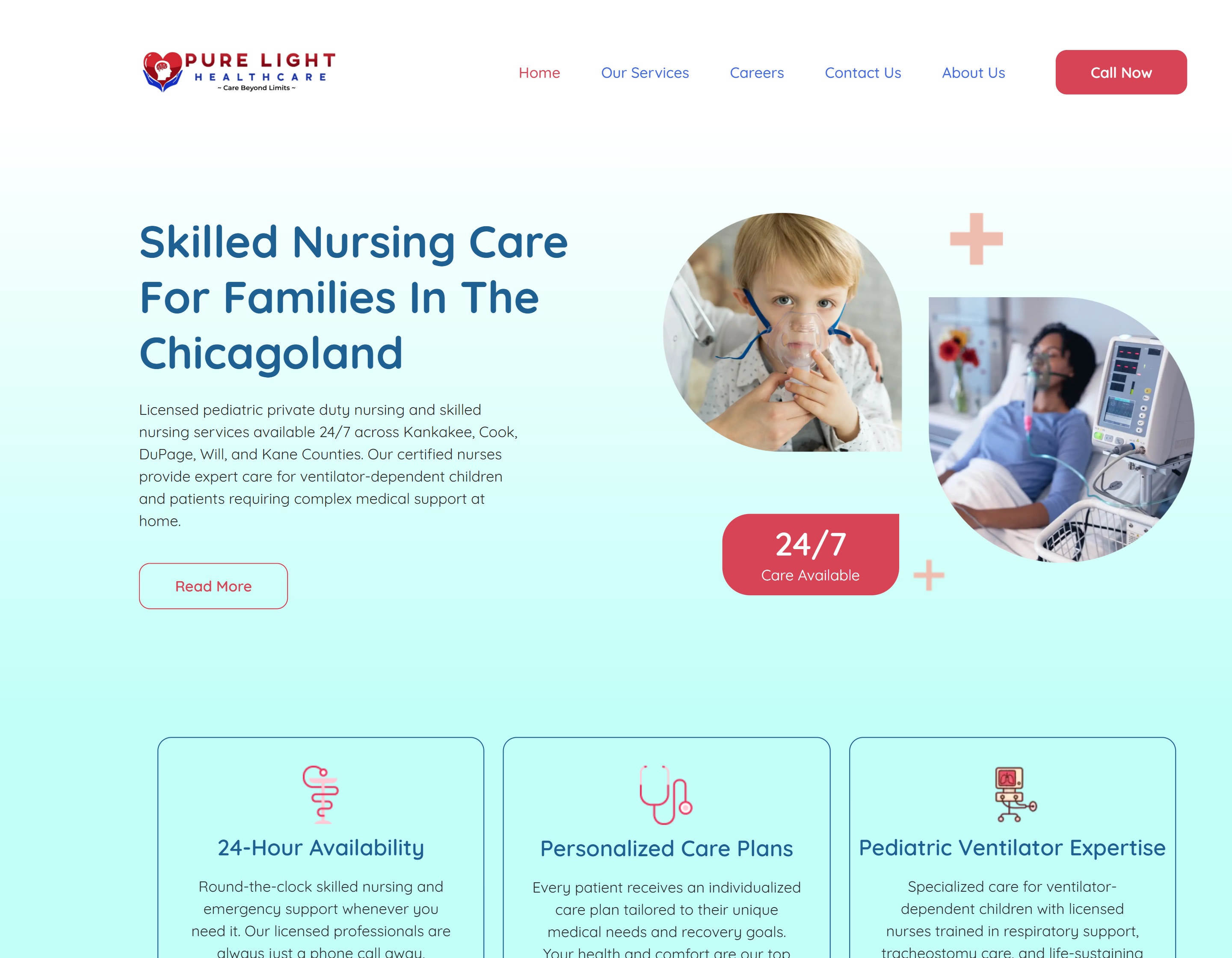 Pure Light Healthcare website - Pediatric home nursing services in Illinois